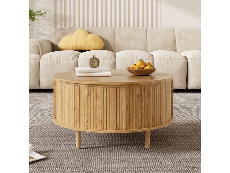 Table basse ronde 80x80 cm réglable en hauteur avec rangement, coloris chêne  - Conforama D