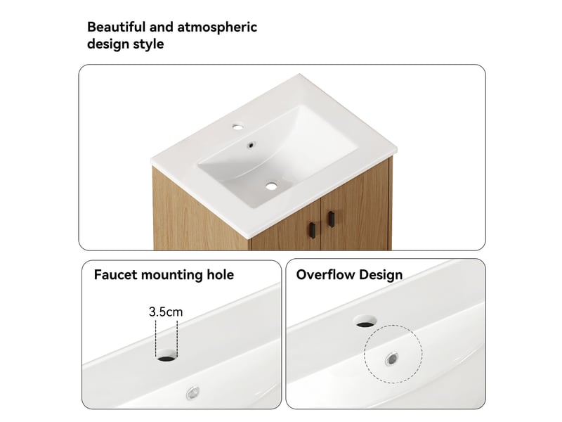  Meuble de salle de bain 60 cm à 2 portes à fermeture douce - lpospi - rangement mdf - chêne clair  - Conforama E