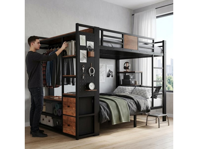  Lit superposé 120x200cm pour 2 couchages, avec armoire, penderie, panneau perforé, tiroirs en tissu et échelle, métal, noir et effet bois vintage evarich - Conforama E