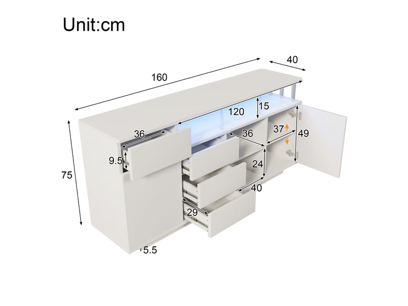  Buffet modenvie blanc 160 x 40 x 75 cm avec led, 4 tiroirs, 2 portes et étagères réglables en mdf et acrylique  - Conforama C