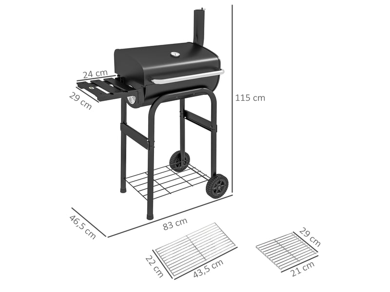  Barbecue au charbon de bois chariot de bbq, avec étagères, roulettes, couvercle, thermomètre, cheminée, en métal noir  - Conforama E