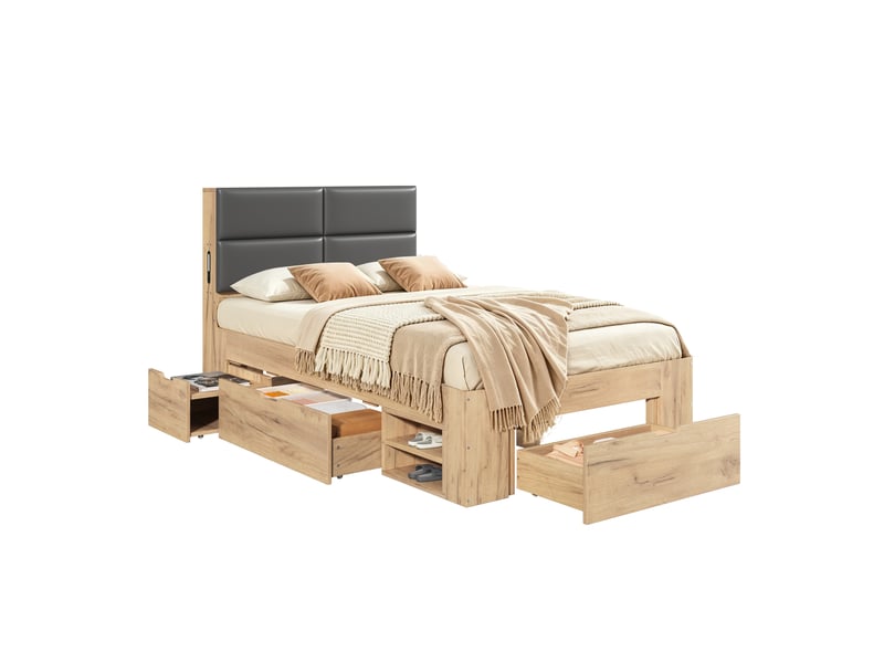 Lit simple enfant 90x200 cm naturel mdf, rangements, éclairage de nuit, ports usb et usb-c intégrés - Conforama A