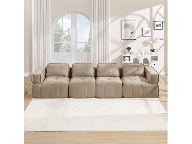 Canapé modulaire 4 places sans structure rigide avec base antidérapante en polyester sable, 344 × 93 × 67 cm - Conforama B