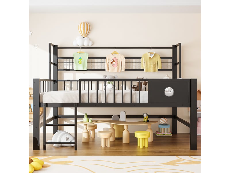  Lit mezzanine bas enfant - 90x200 cm - noir - cadre en métal - hauts garde-corps - espace de rangement 204x95x125.5cm - Conforama B