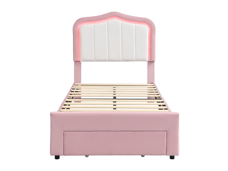  Lit enfant 90x200 cm lit capitonné avec tiroir et led, velours rose, sans matelas  - Conforama E