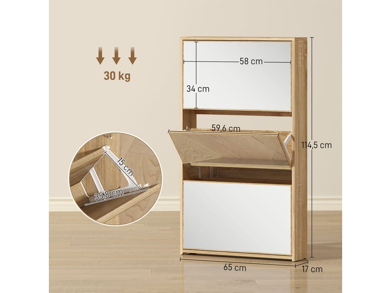  Meuble à chaussures 3 tiroirs à miroirs pour 9 paires coloris naturel 65x17x114,5 cm  - Conforama C