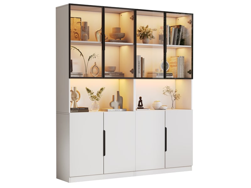 Vitrine moderne blanche avec portes vitrées et led, éclairage réglable, 30×160×200 cm - Conforama E