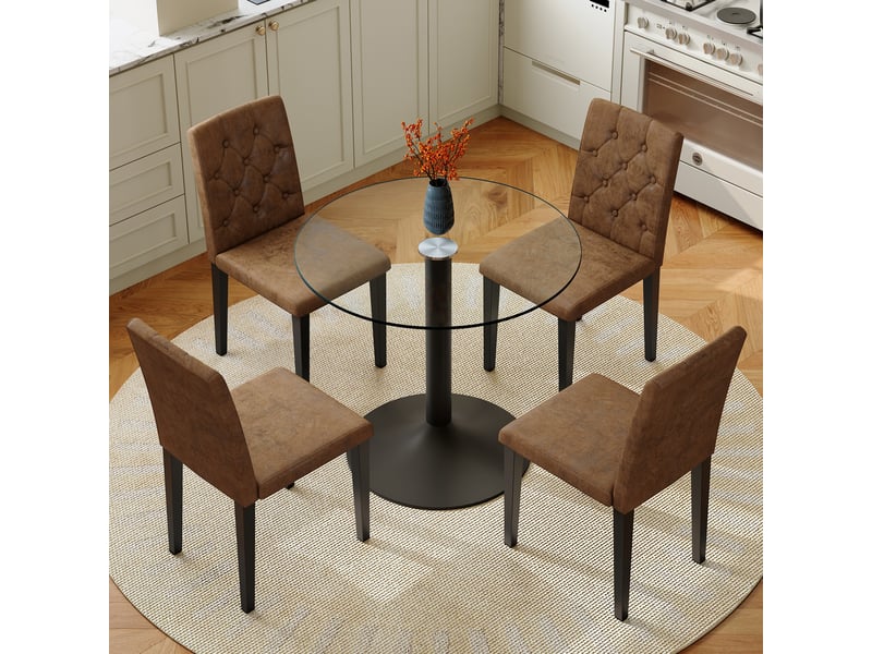  Ensemble table ronde en verre et 4 chaises marron rembourrées, plateau trempé 85 cm et piètement noir, style rétro industriel  - Conforama E