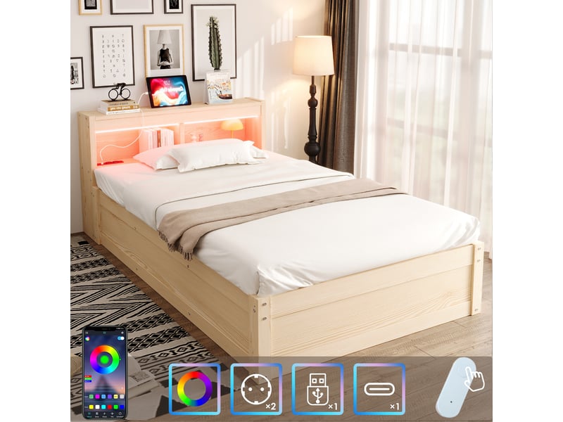  Canapé-lit 90x200 cm, lit enfant, couchage d'appoint, rangement hydraulique, led, bois, prise intégrée  - Conforama R