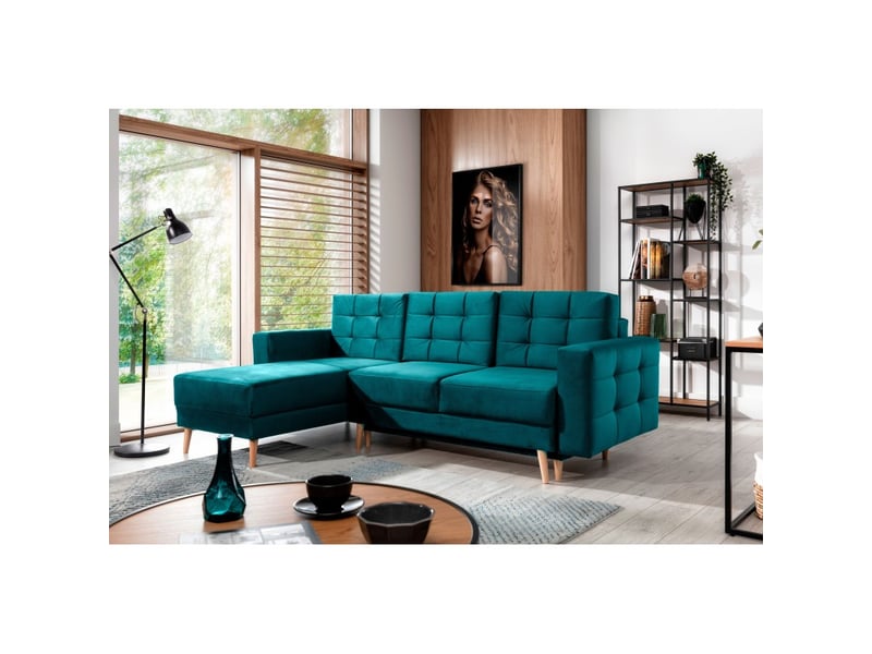  Canapé d'angle convertible hasgard 3 places vert foncé 248x162 cm – coffre et pieds bois  - Conforama B