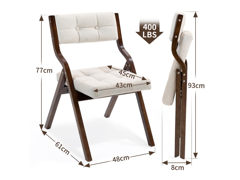  Chaise de salle à manger pliable lot de 2 avec assise et dossier rembourrés en bois et velours crème  - Conforama C