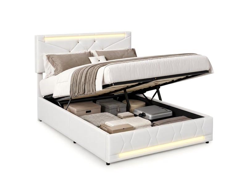  Kefsr lit coffre 140x190 cm avec sommier et led, lit adulte 2 places en tissu lin beige avec rangement, tête de lit réglable et prises usb  - Conforama A