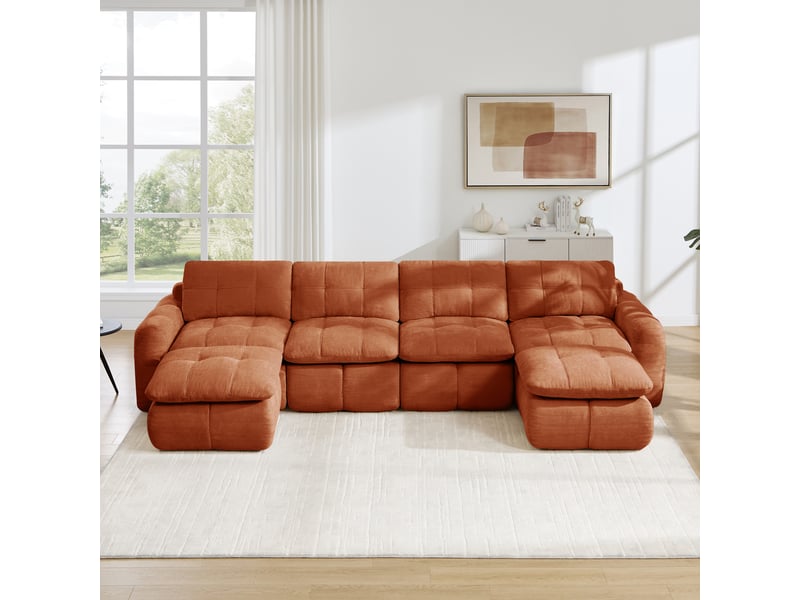  Canapé d'angle en u 4 places sans cadre, canapé modulaire, housse chenille orange, sans montage, 2 poufs pour salon et appartements  - Conforama B