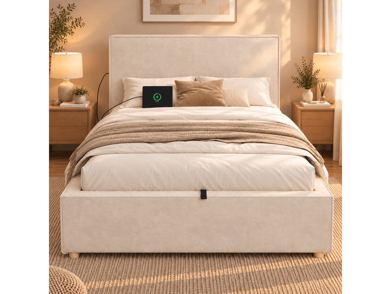  Lit coffre 90x200 cm, relevage hydraulique et tête de lit rembourrée, en tissu, beige, sans matelas  - Conforama C