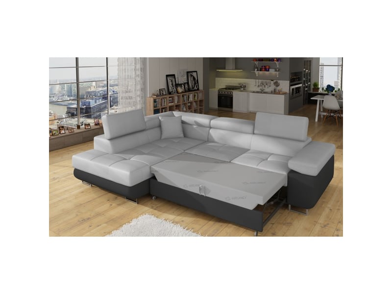 Canapé d'angle convertible menton gris clair et gris foncé – angle gauche avec coffre - Conforama D