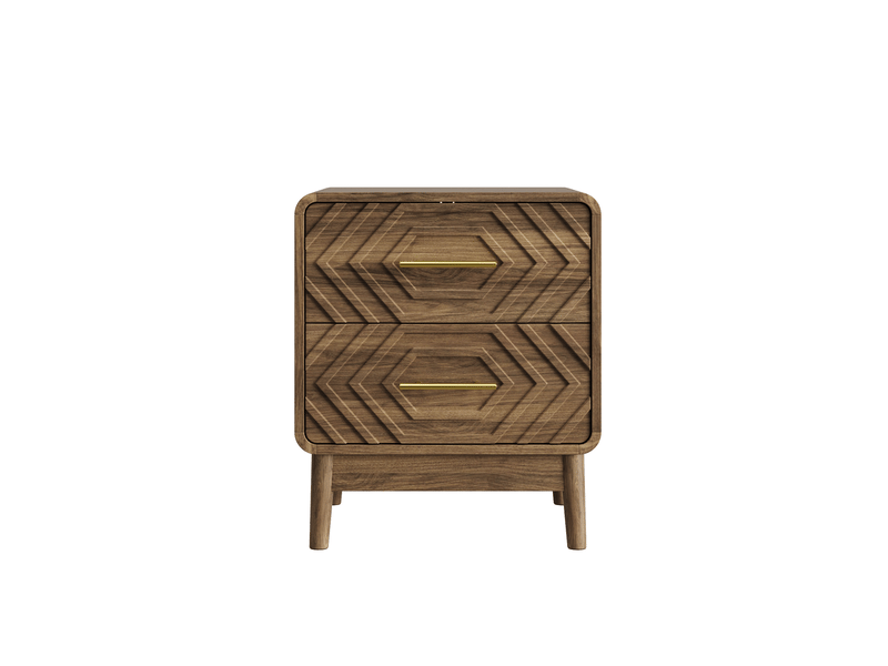 Table de chevet marron, 2 tiroirs à relief géométrique, finition mélaminée, poignées dorées, pour chambre adulte - Conforama A