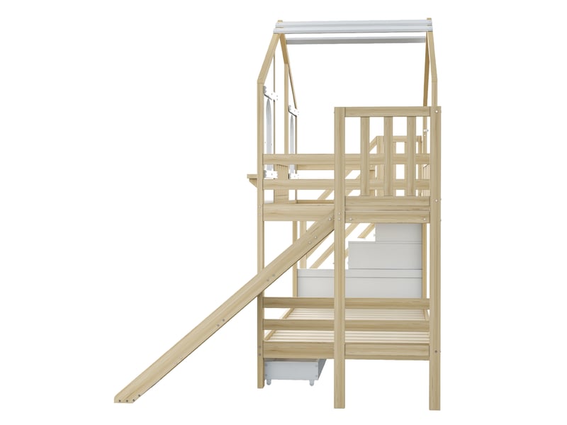 Lit superposé enfant 90 × 200 cm 2 places avec toboggan, échelle de rangement et 2 tiroirs, sans matelas, blanc et naturel - Conforama E