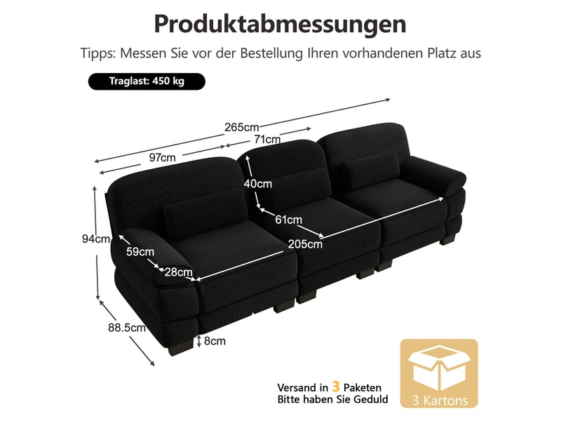 Canapé modulable - 3 places - assise profonde - velours côtelé - mobilier de salon - configuration flexible - design moderne - noir CozyNest - Conforama D
