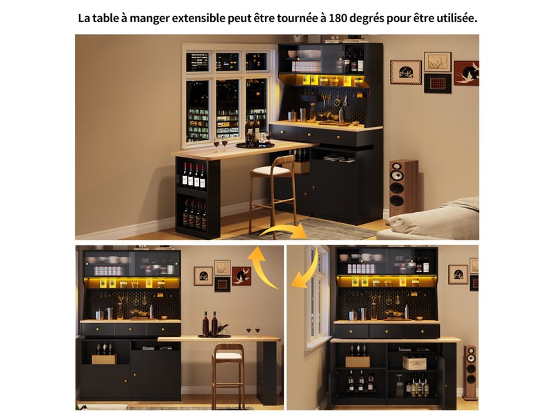  Armoire haute 137 x 74 x 177,7 cm avec bureau et bar intégrés, led pilotée par application et portes vitrées, noir  - Conforama E