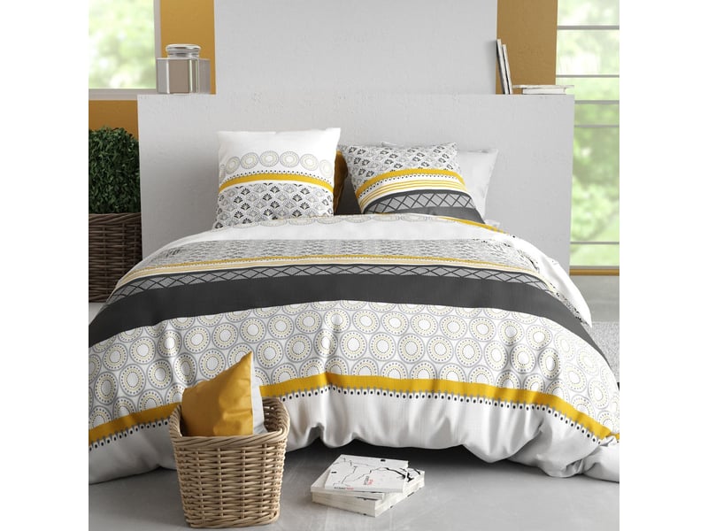  Parure housse de couette 240x220cm + 2 taies motif blanc gris et jaune 100% coton - ipsar IPSAR - Conforama A