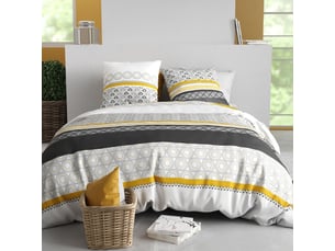 Parure housse de couette 240x220cm + 2 taies motif blanc gris et jaune 100% coton - ipsar