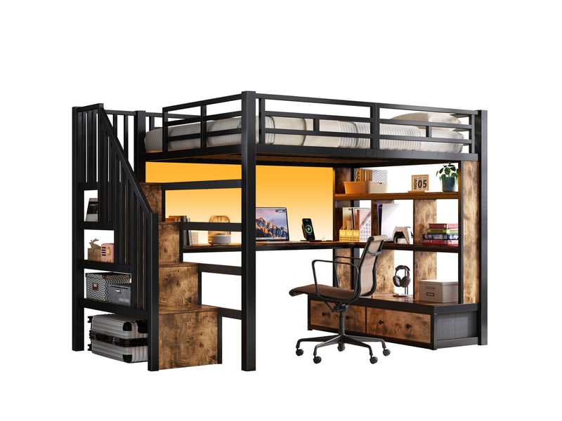  Lit mezzanine 140x200 cm, escalier de rangement, en mdf, métal, noir, bureau, lit enfant éclairage led, 2 tiroirs, sans matelas  - Conforama A