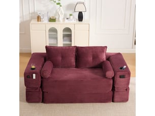 Canapé tissu côtelé mousse haute densité et ressorts structure indéformable assise confortable poches de rangement porte-gobelets coussin à mémoire de forme et 2 coussins décoratifs