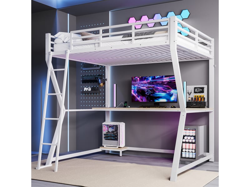  Lit mezzanine 140x200cm coloris blanc led métal lit enfant blanc - Conforama D