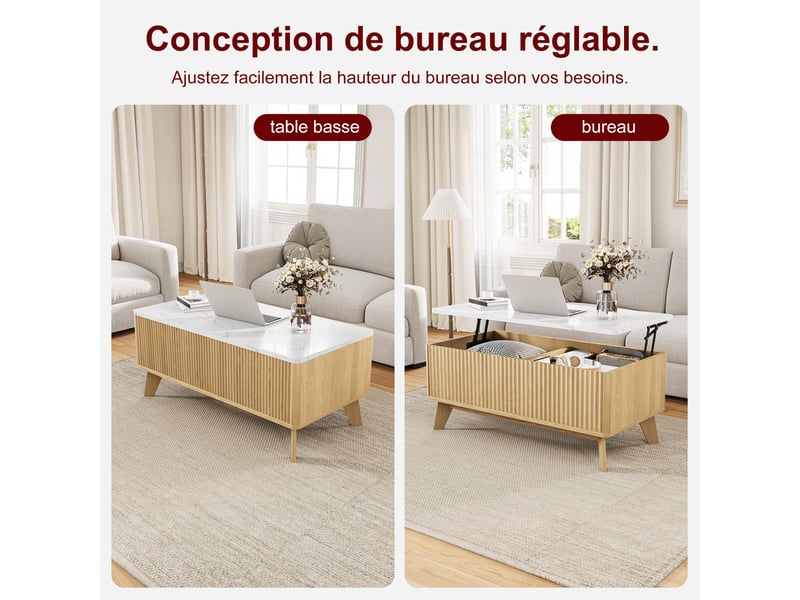  Table basse relevable avec rangement effet marbre blanc et bois clair  - Conforama D