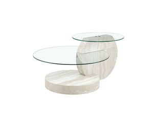 Table basse à niveaux avec deux plateaux en verre de sécurité et rangement ouvert en mdf gris clair pour salon