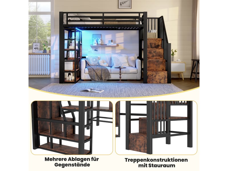  Lit surélevé 90 x 200 cm noir, led, marches intégrées, garde-corps, échelle, sans matelas, métal et mdf  - Conforama C