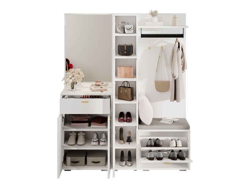  Meuble d'entrée 150 x 36 x 180 cm avec miroir, penderie, 3 portes, meuble à chaussures basculant, banc et tiroir, blanc  - Conforama A