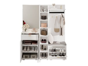 Meuble d'entrée 150 x 36 x 180 cm avec miroir, penderie, 3 portes, meuble à chaussures basculant, banc et tiroir, blanc