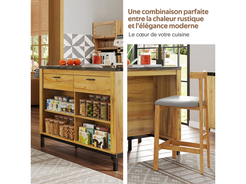  Îlot de cuisine 120x75x90 cm, desserte avec 2 tiroirs et 4 étagères ouvertes, effet marbre et bois, mdf, noir et naturel  - Conforama W