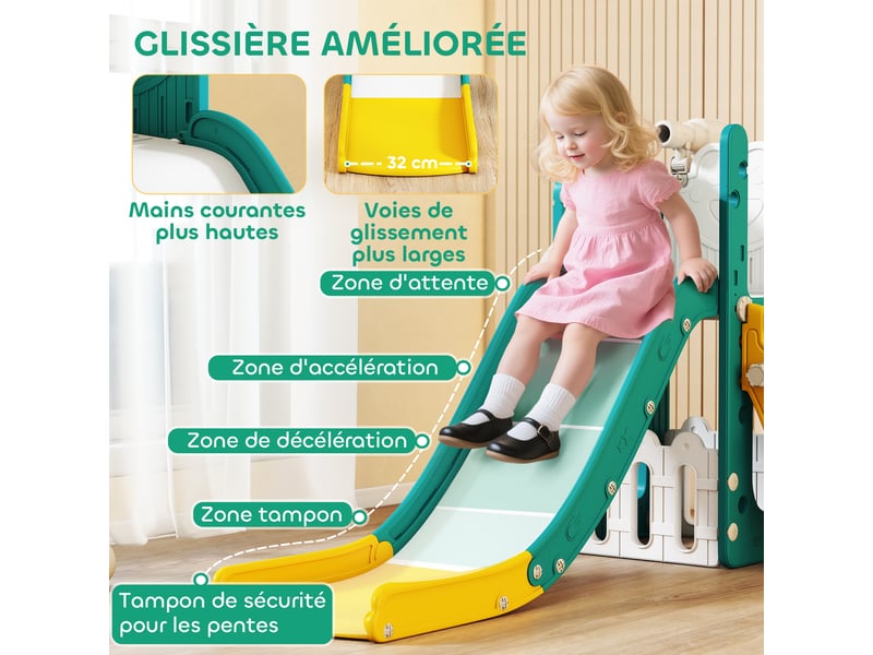  Toboggan pour tout-petits 5 en 1 toboggan autoportant pour enfant avec panier de basket, télescope, 178x70x86cm, jaune  - Conforama E