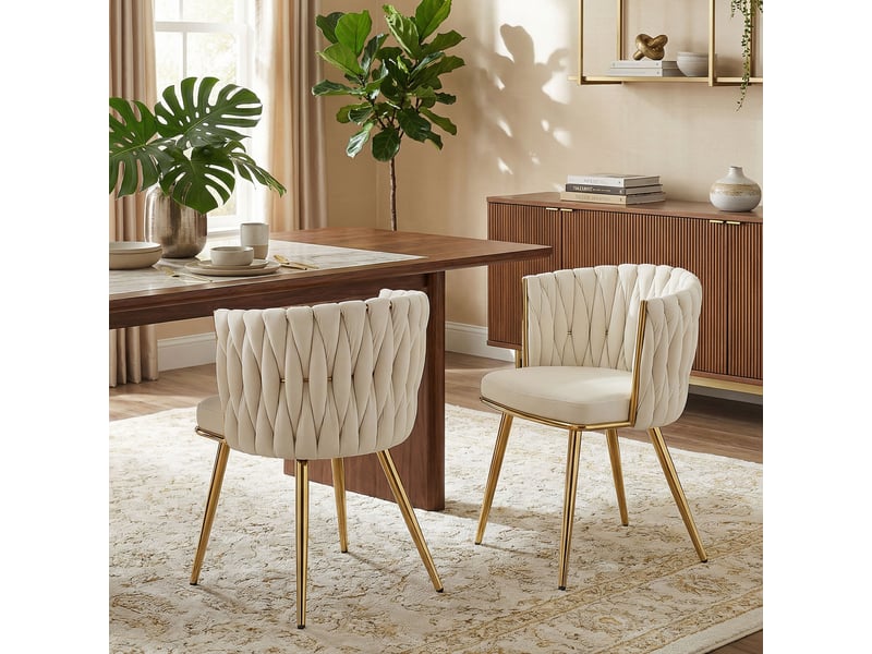  Lot de 2 chaises de salle à manger, chaises de cuisine rembourrées en velours avec dossier tressé et accoudoirs, crème  - Conforama A