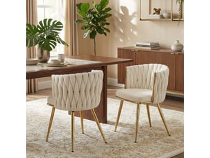 Lot de 2 chaises de salle à manger, chaises de cuisine rembourrées en velours avec dossier tressé et accoudoirs, crème