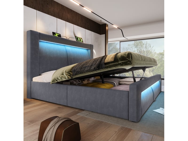  Lit double 160x200 cm coffre hydraulique led usb et usb-c velours gris avec matelas  - Conforama C