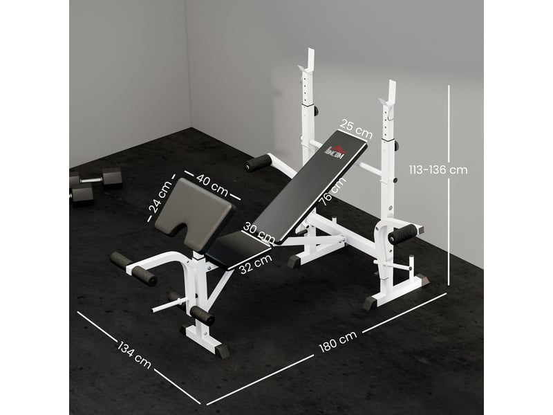  Banc de musculation incliné avec support pour haltères réglable, extension des jambes et pupitre à biceps pour salle de sport  - Conforama E