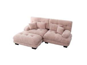 Canapé d’angle modulable 220x145x81 cm, accoudoirs spacieux et pouf, 2 coussins décoratifs, avec 2 coussins lombaires, chenille, rose