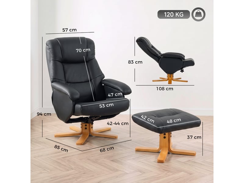 Fauteuil relax inclinable pivotant avec repose-pied piètement bois clair synthétique noir - Conforama C