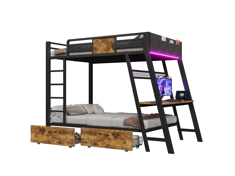  Lit superposé, 90 x 200 cm, mobilier enfant, avec bureau intégré, led, matelas non inclus, mdf et métal, coloris noir  - Conforama A