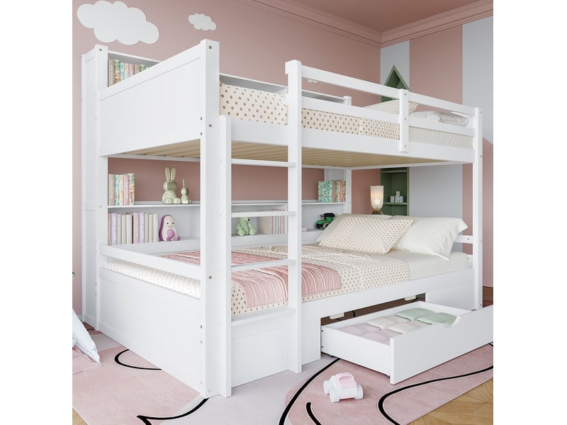  Lit superposé enfant 90 x 200 cm avec tiroir et rangements latéraux, blanc  - Conforama D