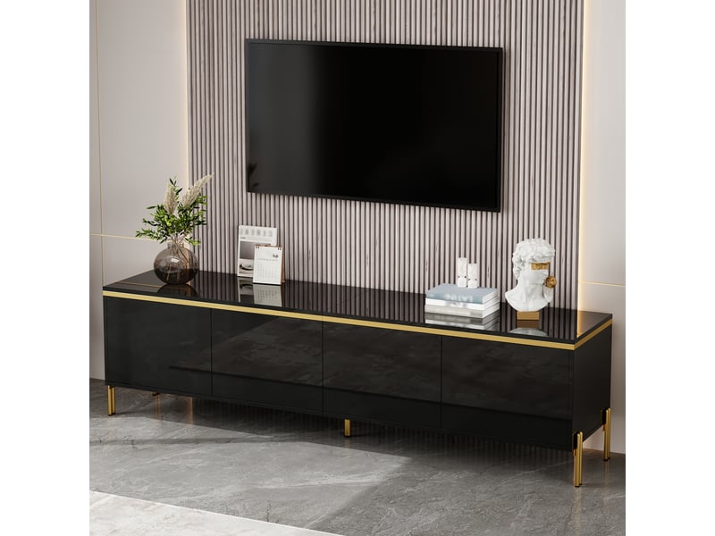  Meuble tv noir brillant 170 cm avec 4 portes et pieds métal doré  - Conforama B