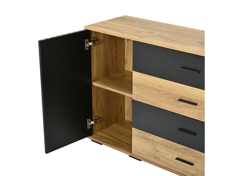  Buffet 140x35x70 cm chêne et noir, meuble de rangement 4 tiroirs 2 portes  - Conforama R