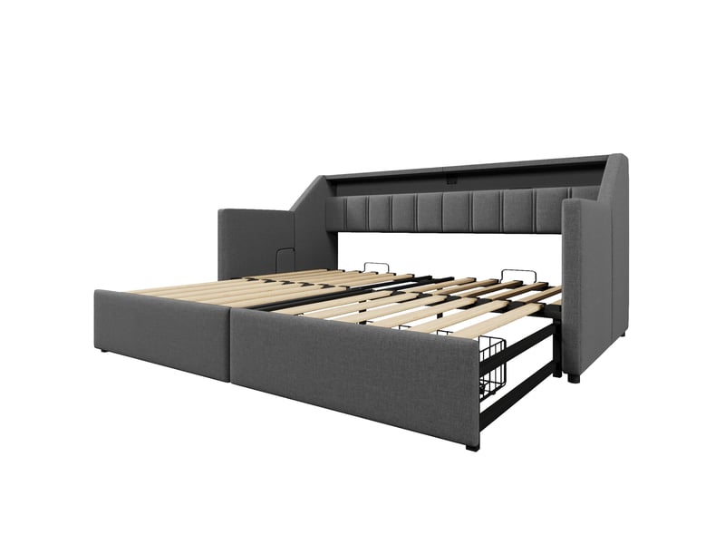  Lit gigogne 90x200 cm avec rangement, tiroirs + poches, ports usb+type-c, led, lin + mdf, gris, sans matelas  - Conforama D