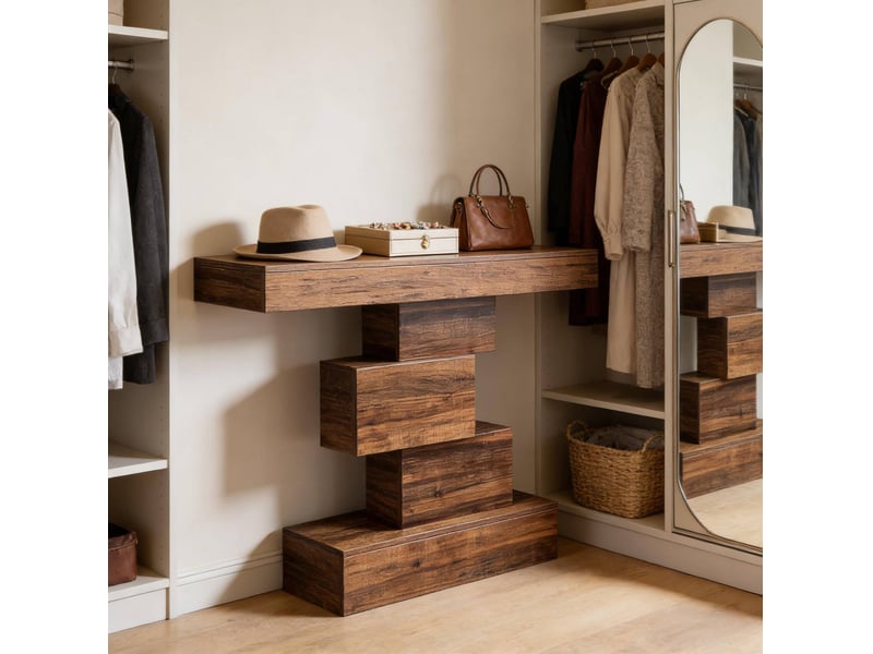  Table console 108x30x80 cm à piètement géométrique en bois marron foncé  - Conforama E