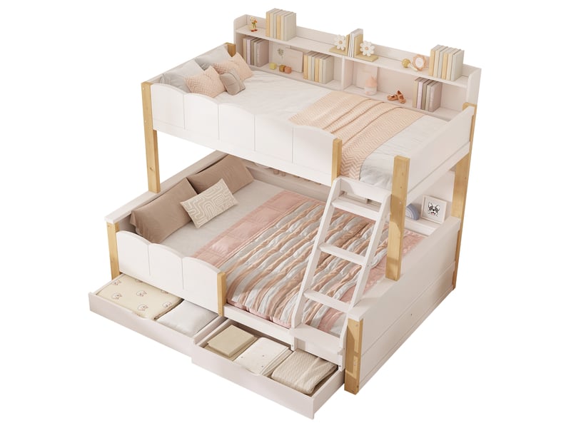  Lit superposé enfant 90 x 200 + 140 x 200 cm, lit familial en bois, étagères, 2 tiroirs, échelle inclinée, protection antichute, blanc Bliss Lite - Conforama A