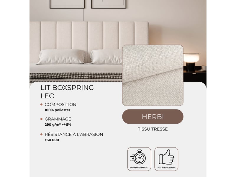  Lit coffre leo - 160x200 cm - avec matelas et surmatelas - tissu tissé chiné - crème LEO - Conforama C