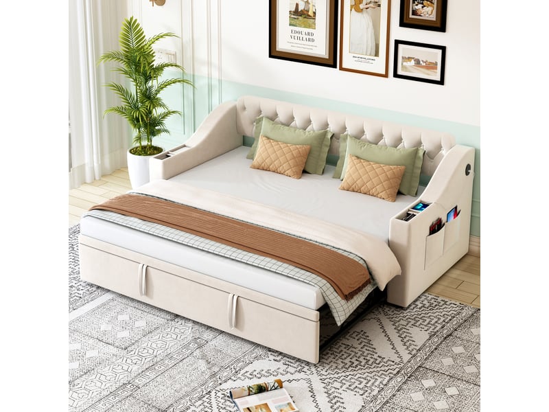  Canapé-lit velours beige 90x180-190 cm – usb intégré, rangements et poches latérales  - Conforama B